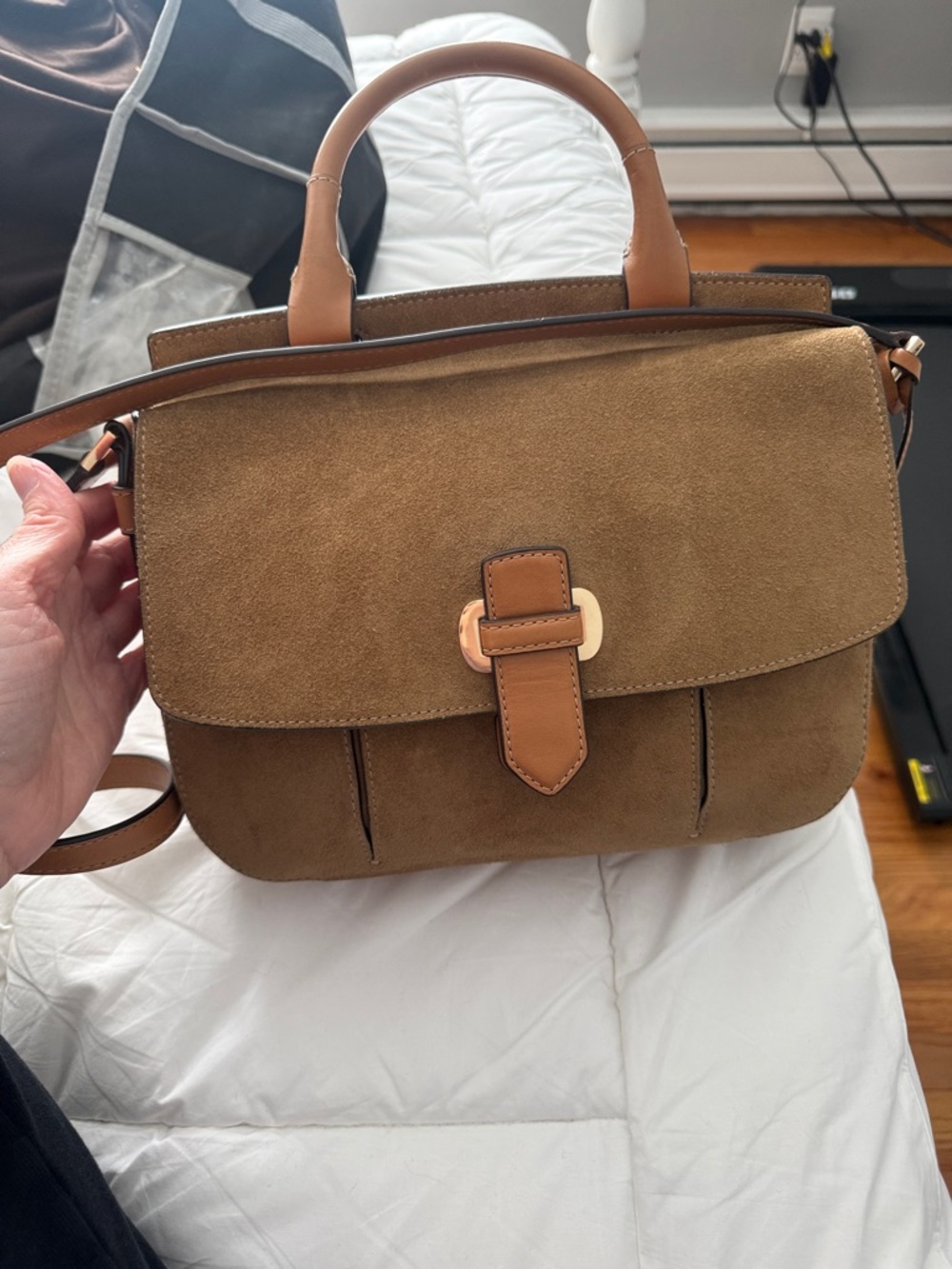 Michael Kors Suede Satchel in Tan and Brown with Top Handle